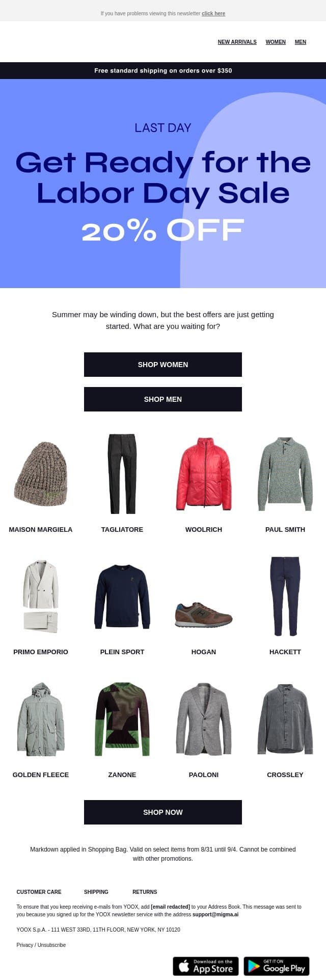 Bye Bye Summer: the promo ends today email from Yoox screenshot