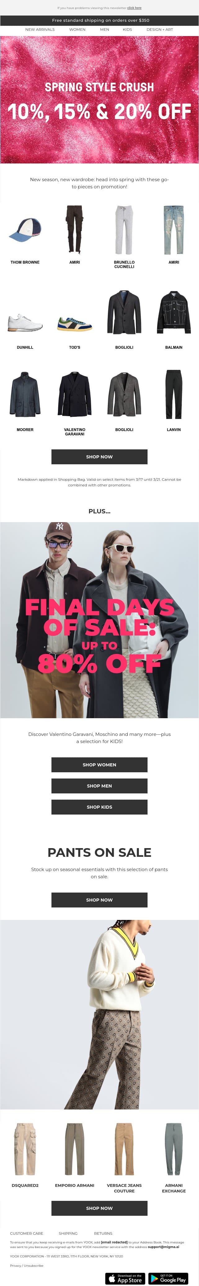 SALE: Final days with up to 80% OFF! And 10%, 15% & 20% OFF a spring selection > email from Yoox screenshot