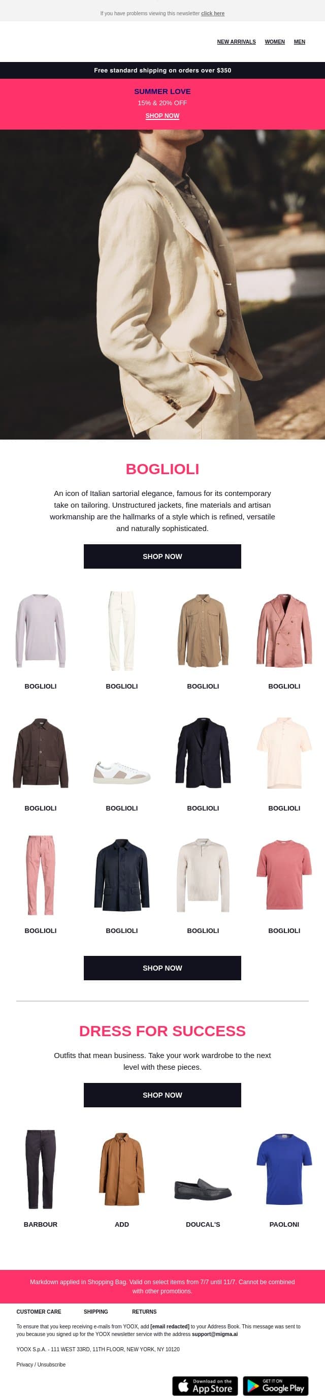 Boglioli > Contemporary sartorial elegance email from Yoox screenshot