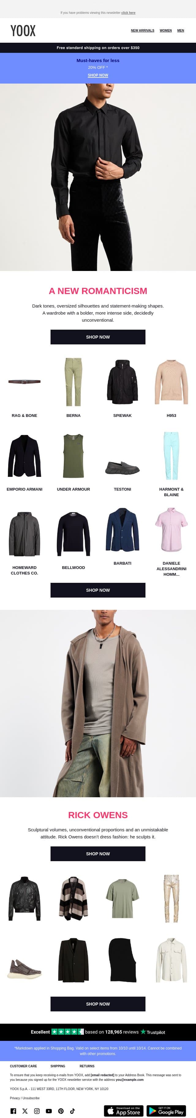 Rick Owens and unconventional romanticism email from Yoox screenshot