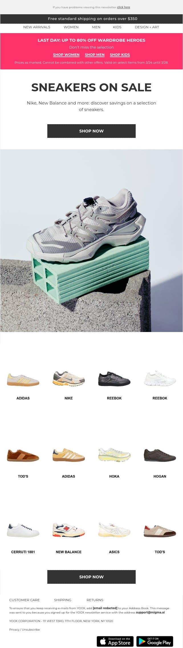 Nike, New Balance and more: Shop sneakers on sale! email from Yoox screenshot