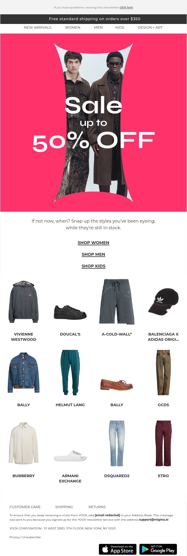 SALE: Now up to 50% OFF email from Yoox screenshot