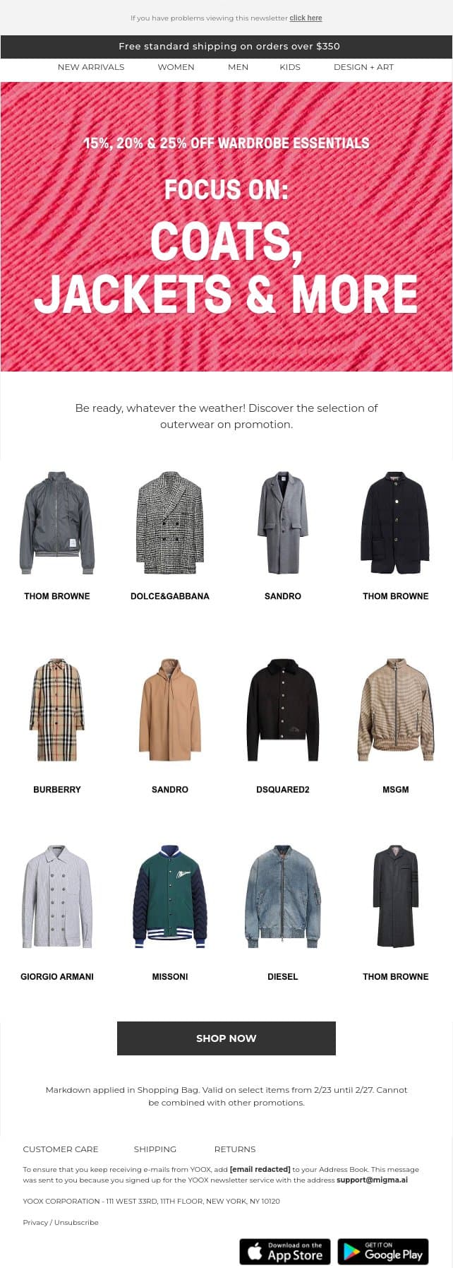 The promotion continues! 15%, 20% & 25% OFF > email from Yoox screenshot