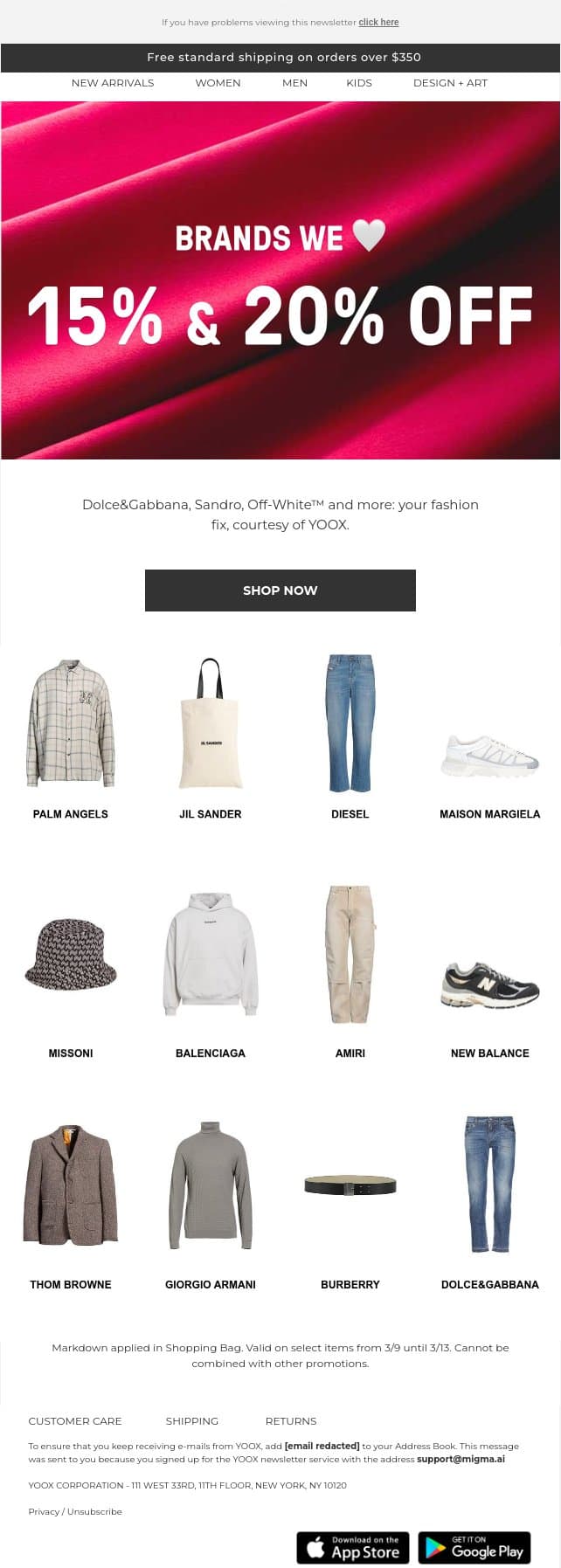 😍 15% & 20% OFF all the best brands! email from Yoox screenshot