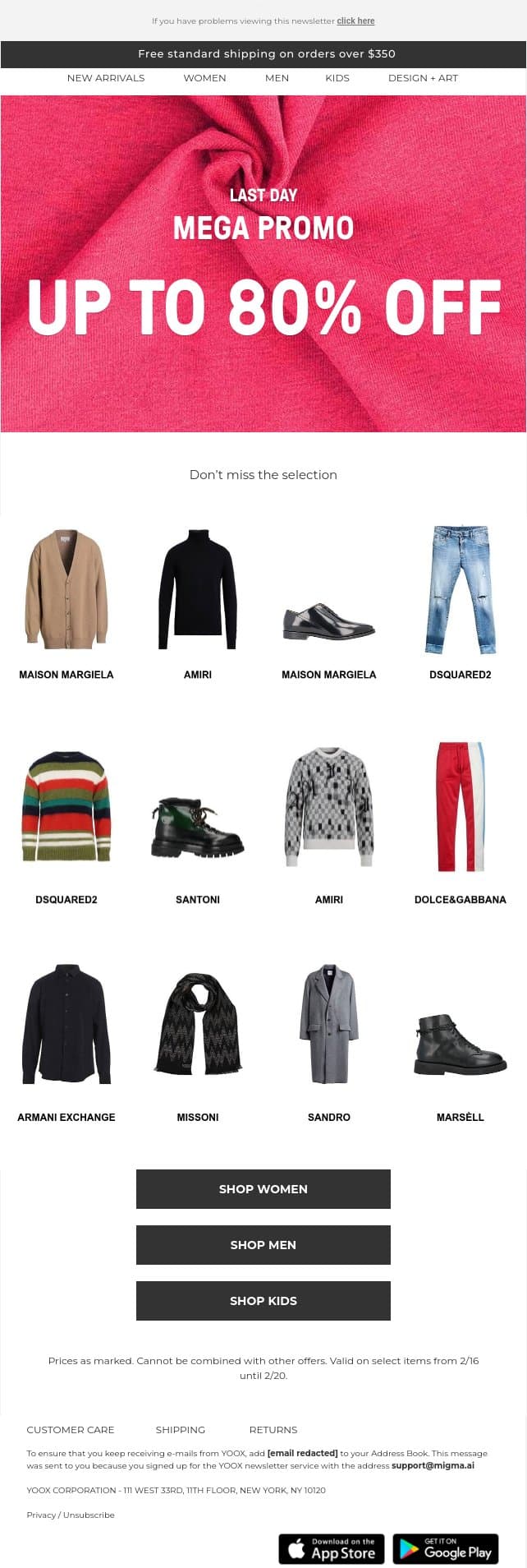 Last chance to get up to 80% OFF > Don’t miss this selection email from Yoox screenshot