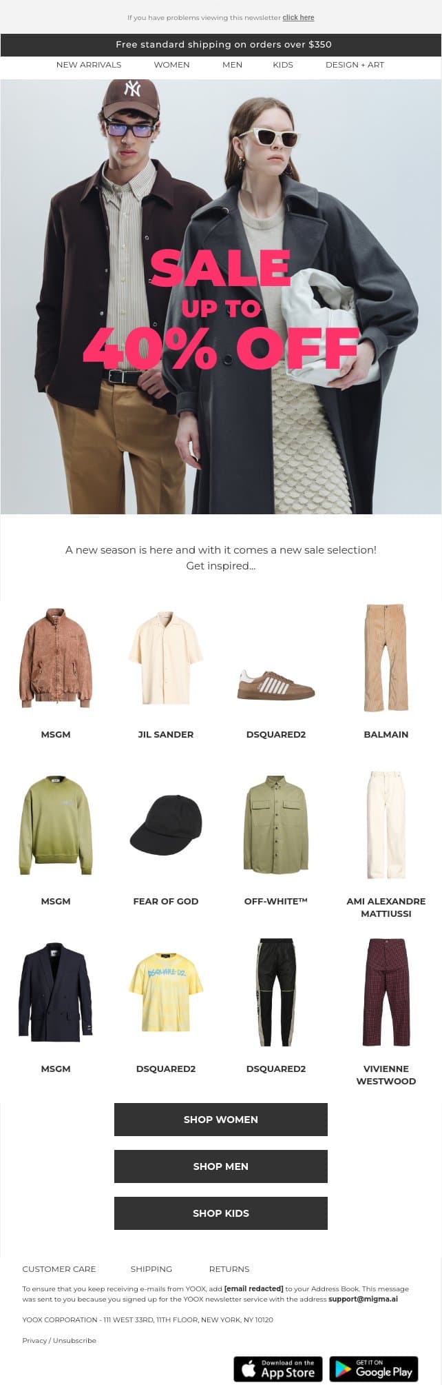 New season, new sale selection > Up to 40% OFF email from Yoox screenshot