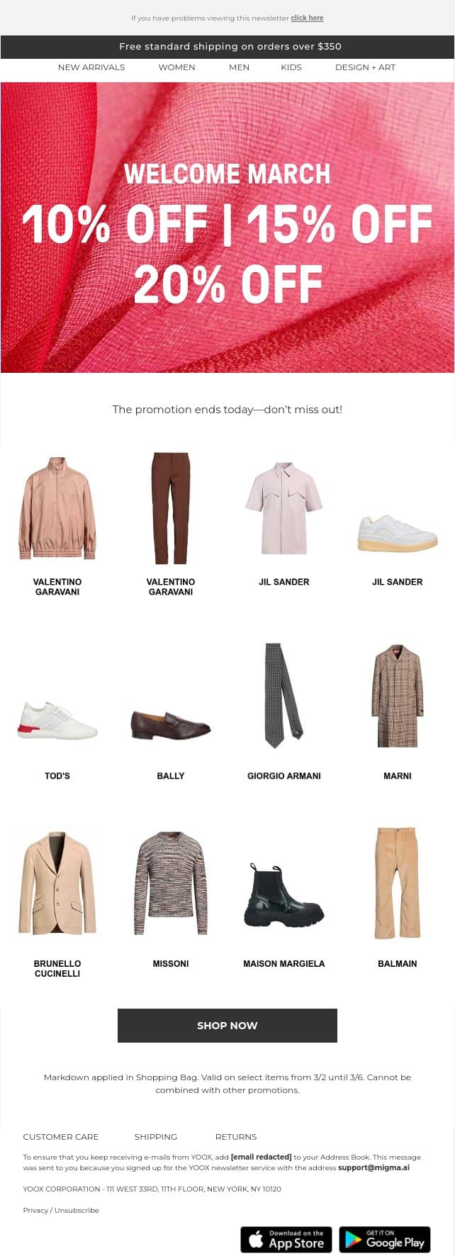 Last chance! The promotion with 10%, 15% & 20% OFF ends today > email from Yoox screenshot