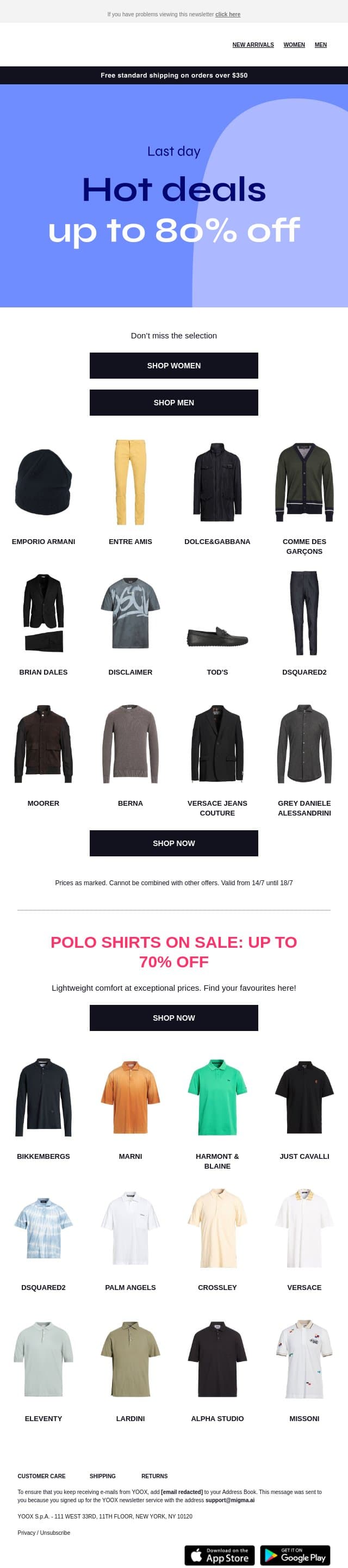 Last chance! Up to 80% OFF ends today email from Yoox screenshot