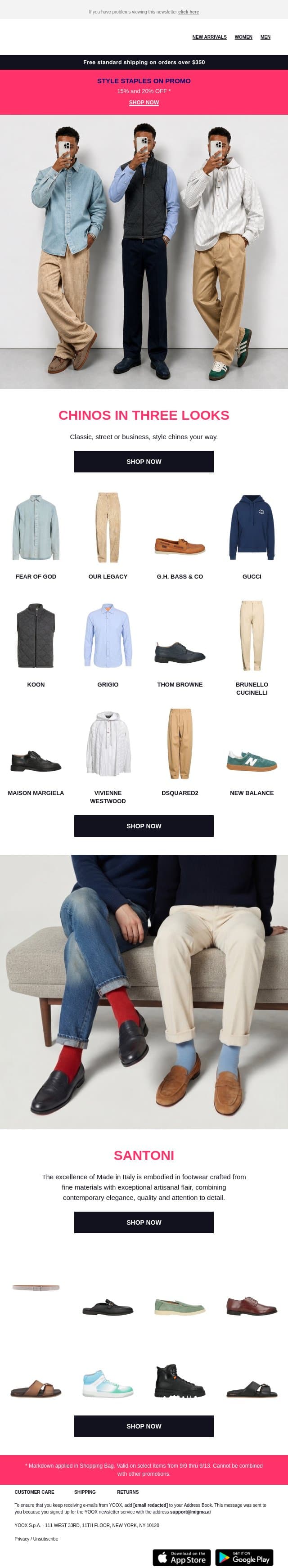 Chinos in three looks email from Yoox screenshot