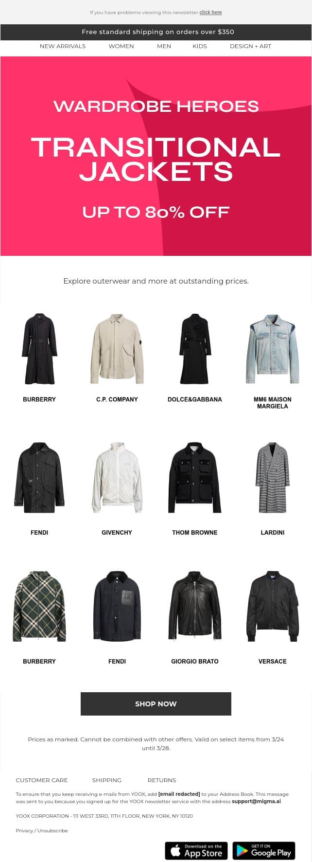Up to 80% OFF: Investment-worthy outerwear on promotion > email from Yoox screenshot