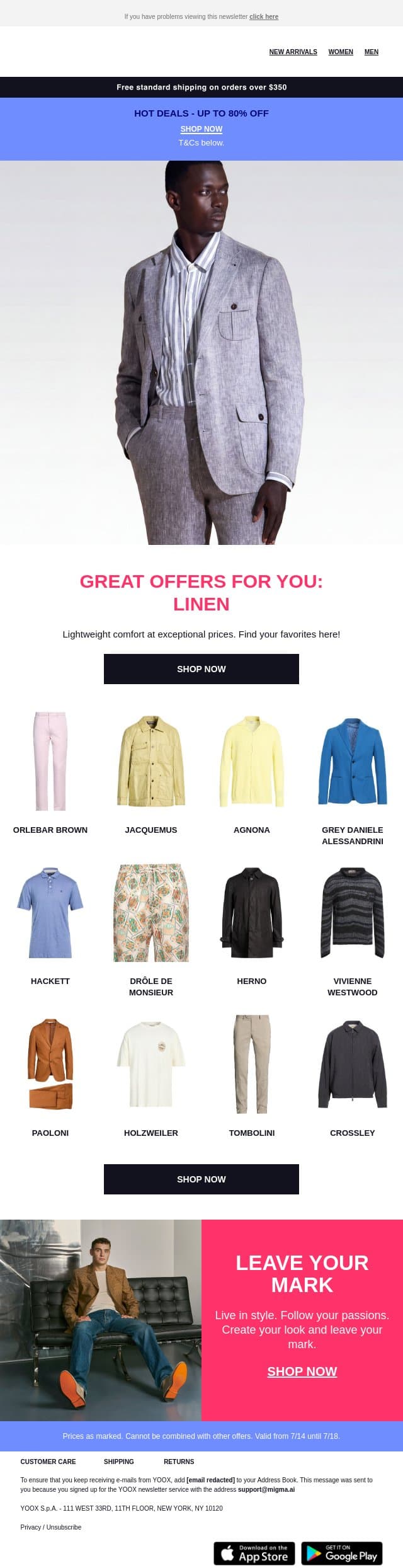 Even lower prices: find your linen pieces email from Yoox screenshot