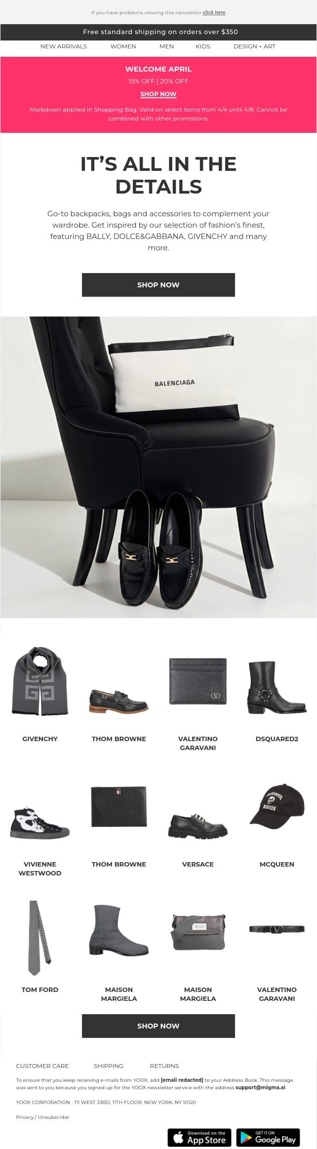 🎒 Backpacks, Bags & Accessories > Details that make the difference email from Yoox screenshot