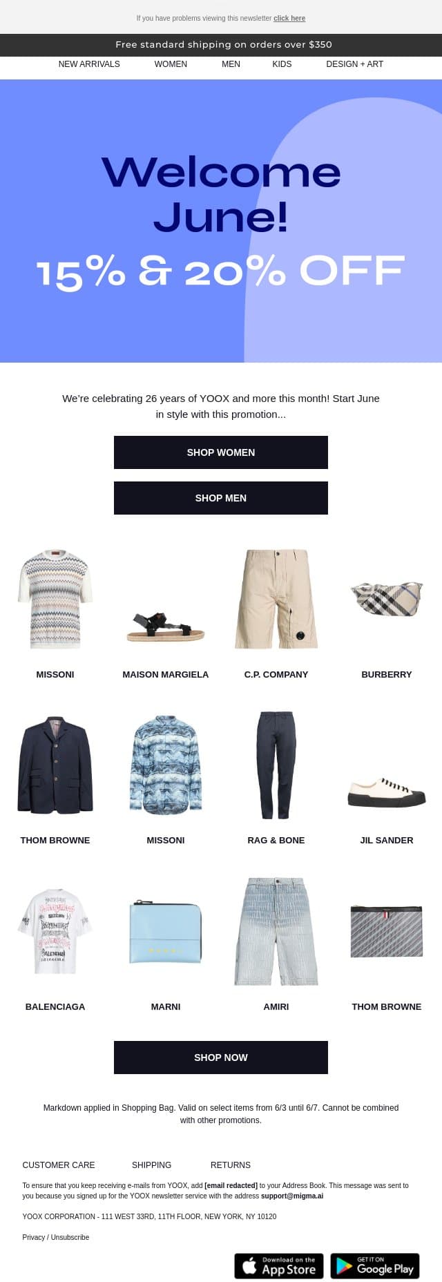 15% & 20% OFF > Start June in style email from Yoox screenshot