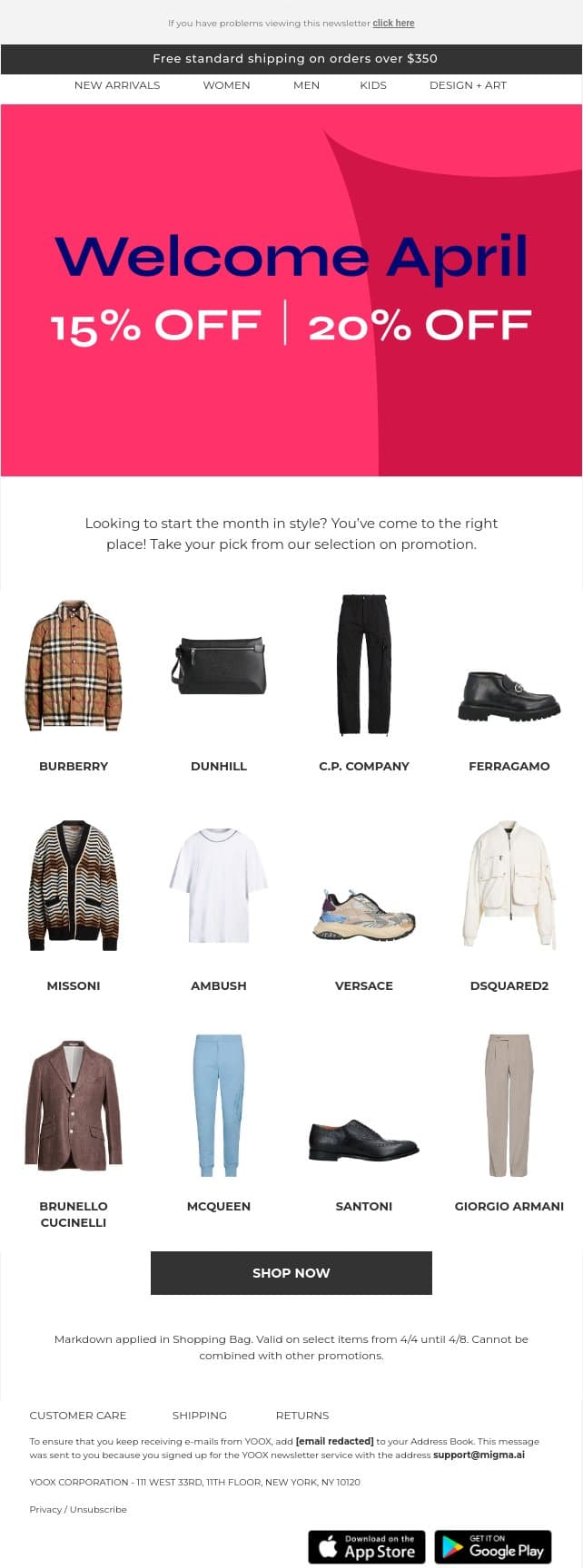 🐰Plans for the weekend? Shop our promotion with 15% & 20% OFF! email from Yoox screenshot