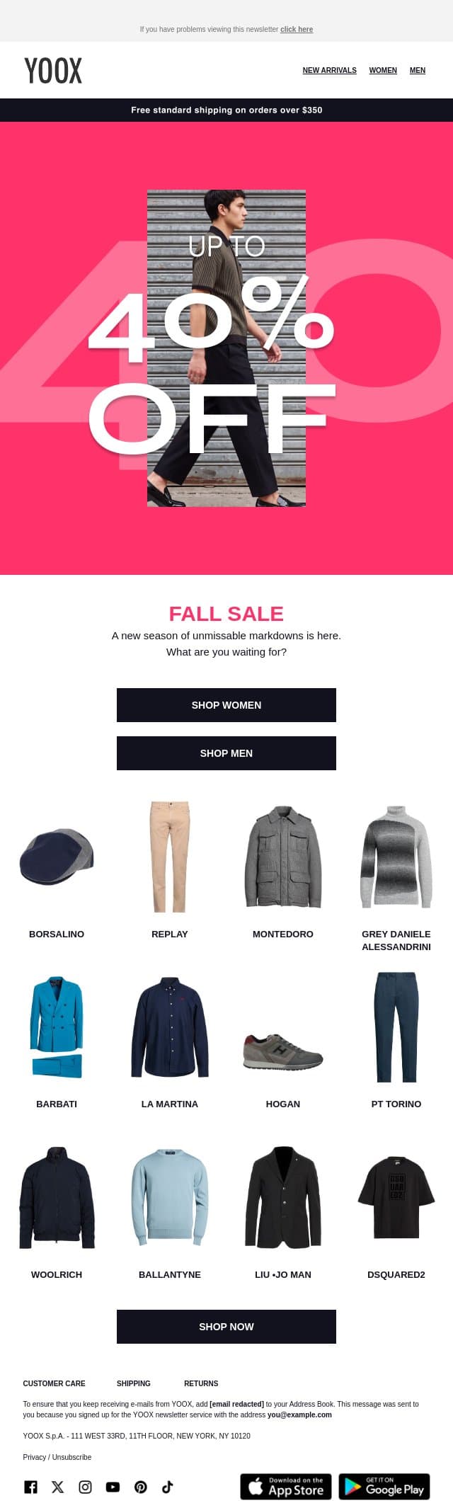 New Fall Sale: up to 40% off > Incredible prices email from Yoox screenshot