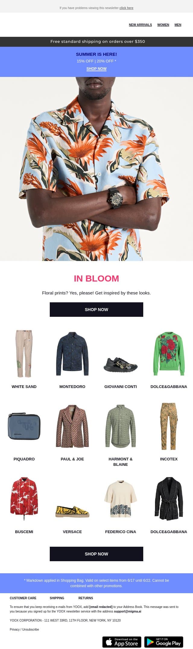 Fashionable florals > Get inspired here email from Yoox screenshot