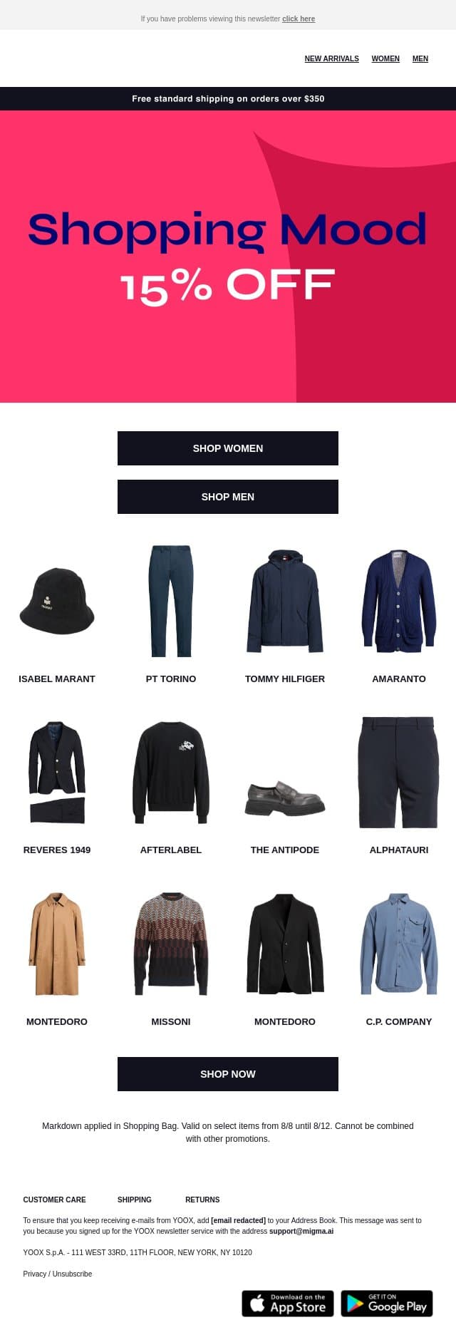 The offer continues: 15% OFF email from Yoox screenshot