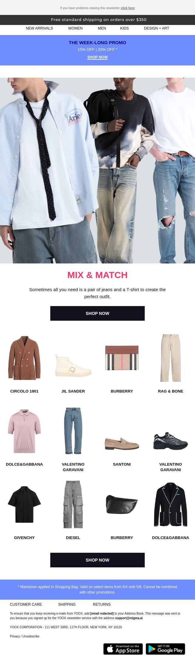 Jeans + tee: Outfit resolved! email from Yoox screenshot
