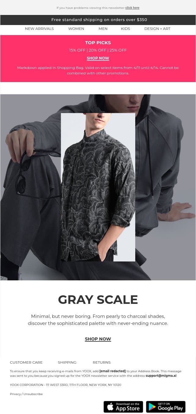 A thousand shades of gray > email from Yoox screenshot