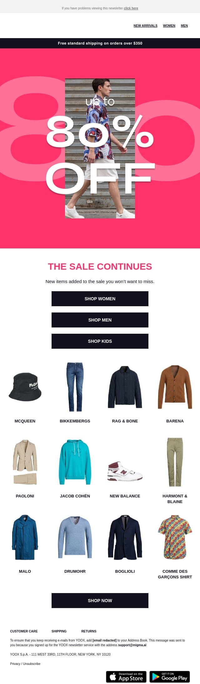 The SALE continues: Up to 80% OFF email from Yoox screenshot