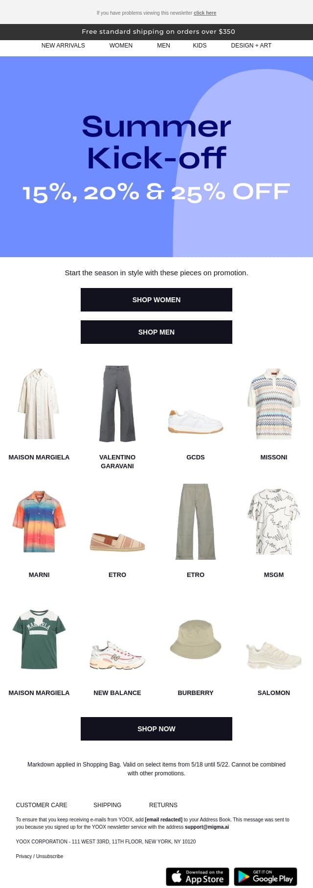 Ready for a refresh? Shop key pieces at 15%, 20% & 25% OFF email from Yoox screenshot