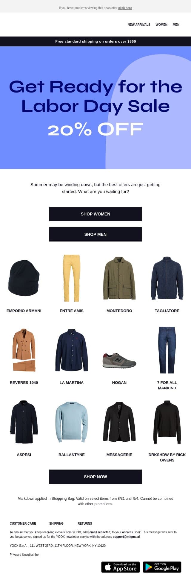 Get Ready for the Labor Day Sale: Enjoy 20% OFF email from Yoox screenshot