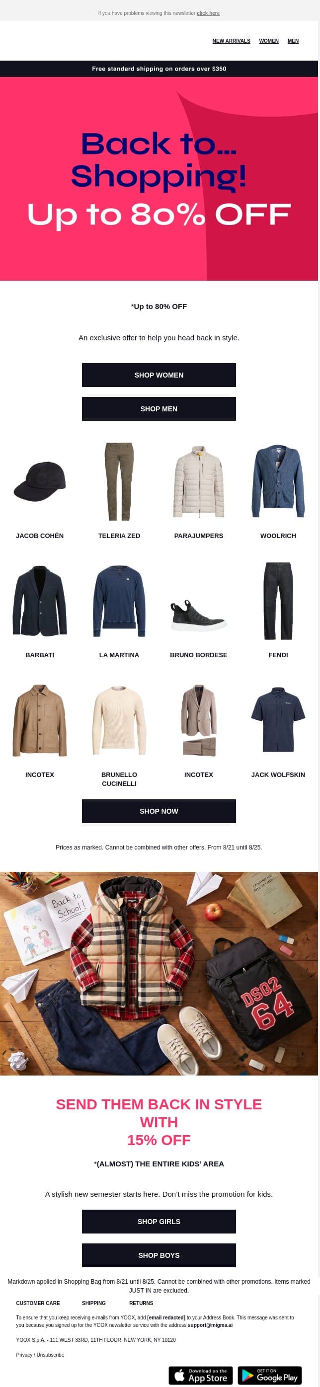 Up to 80% OFF to end summer in style email from Yoox screenshot