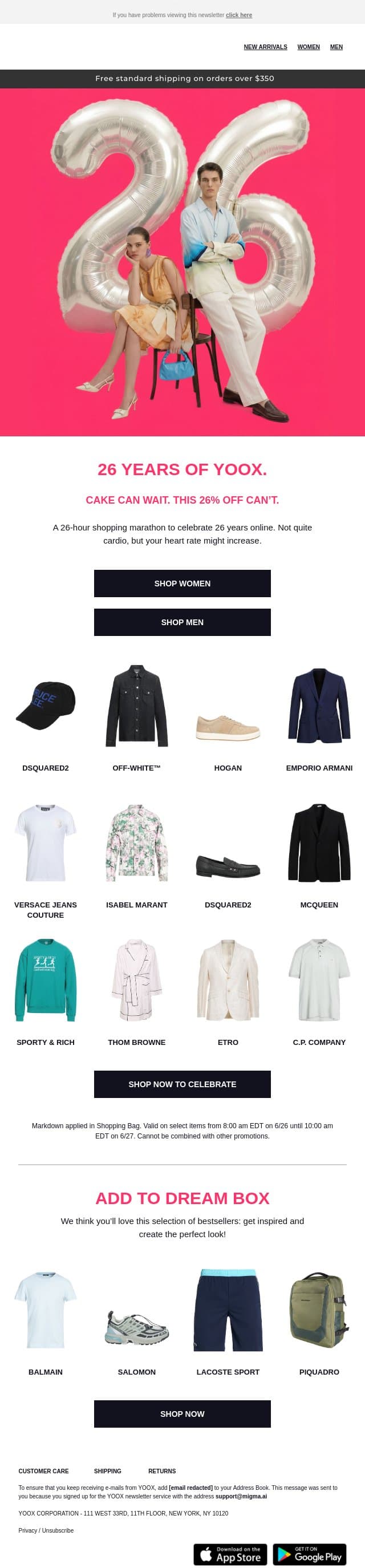 🎂 26% OFF for 26 hours > Celebrate with us! email from Yoox screenshot