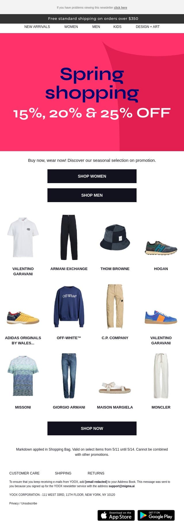 Up to 25% OFF styles for spring email from Yoox screenshot