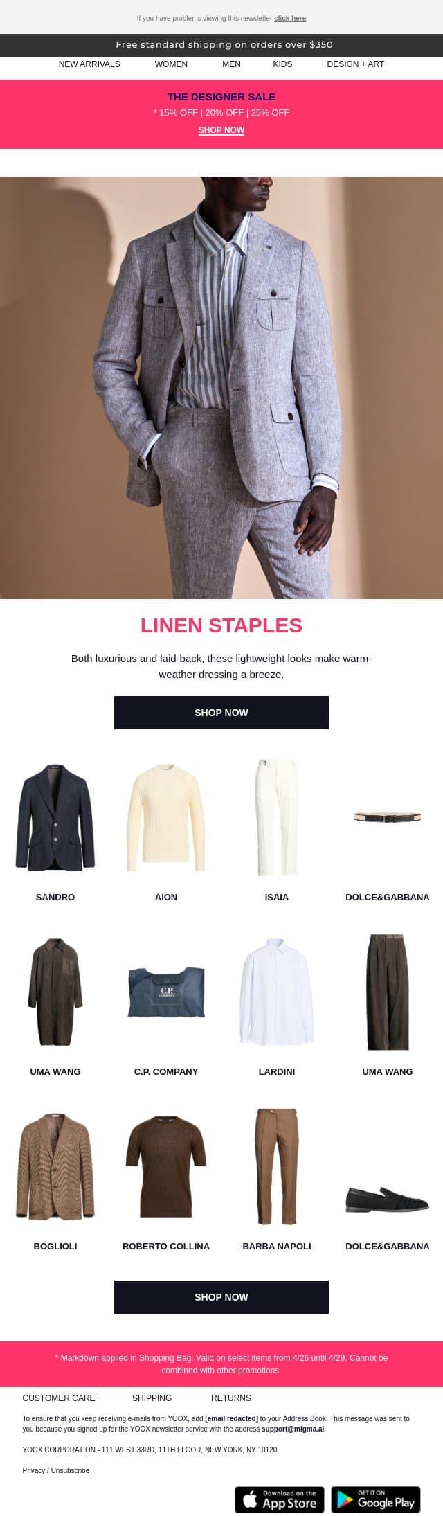 Stay fresh with these styles in linen > email from Yoox screenshot