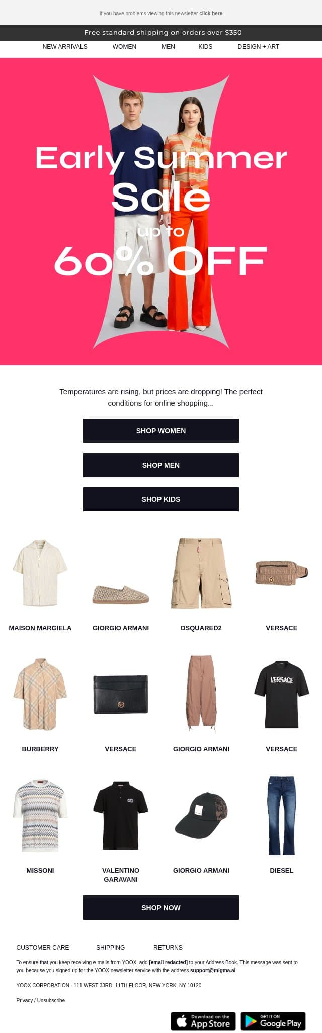 High temperatures, low prices > Up to 60% OFF even more items email from Yoox screenshot