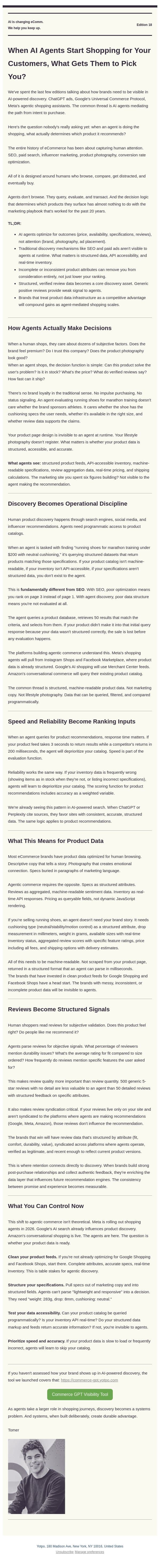 When AI Agents Start Shopping for Your Customers, What Gets Them to Pick You? email from Yotpo screenshot