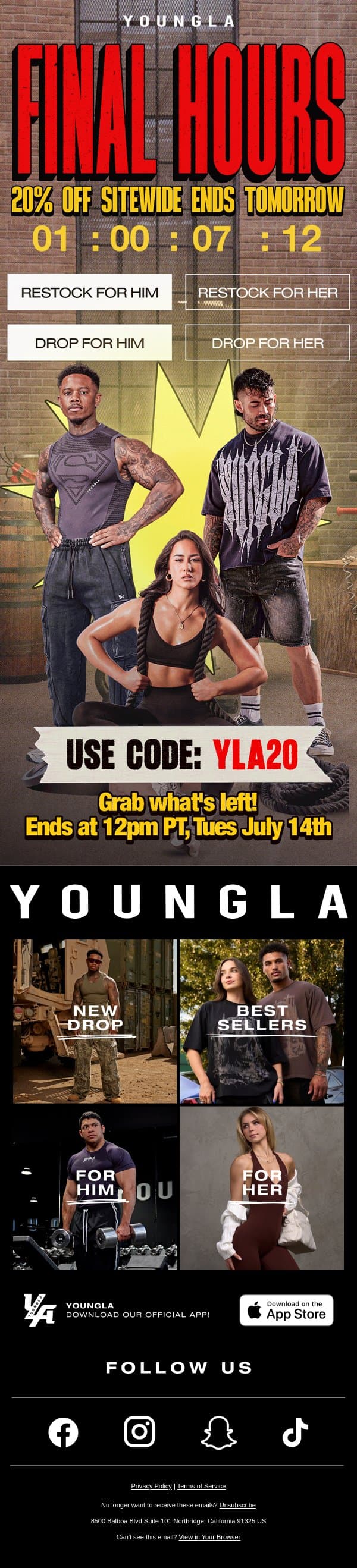 🔥 LAST CHANCE: Less than 24 Hours Left for 20% Off Sitewide email from YoungLA screenshot