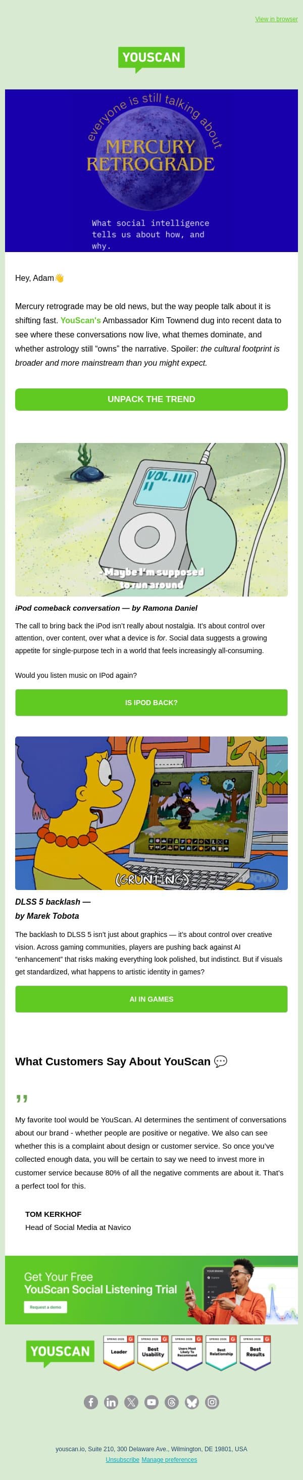 From iPod comeback and Mercury retrograde to AI backlash 💨 💫 email from YouScan screenshot