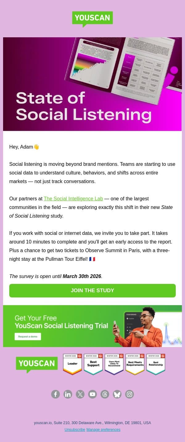 Shape the Future of Social listening ✅ email from YouScan screenshot