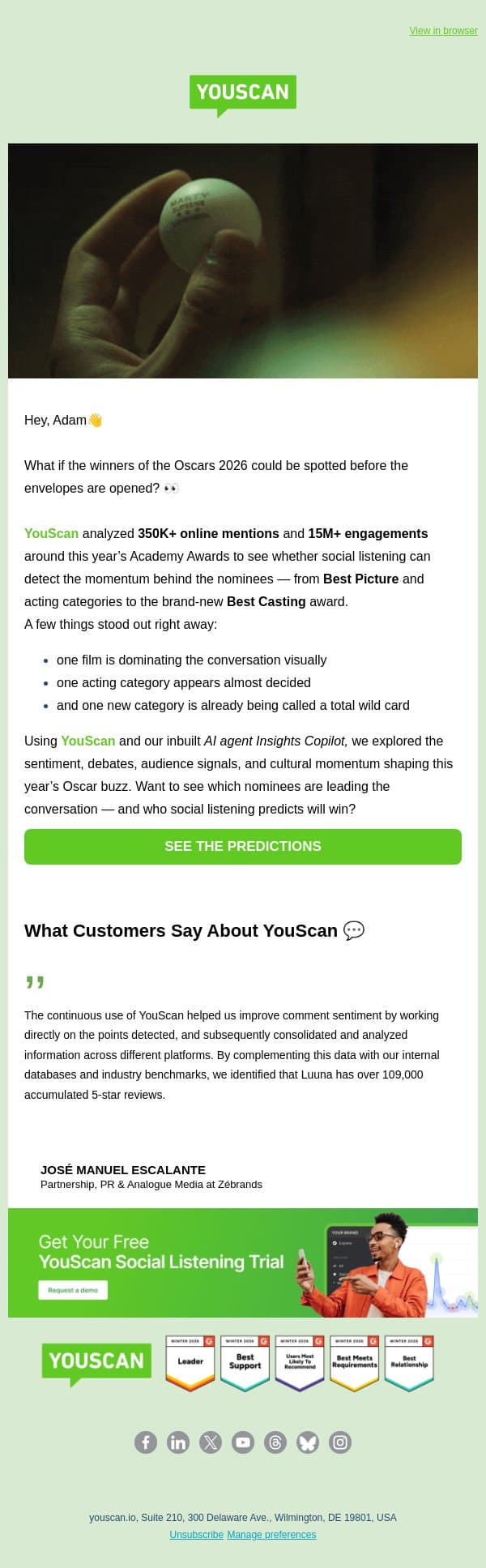 Can someone predict the Oscars? 🌟 email from YouScan screenshot