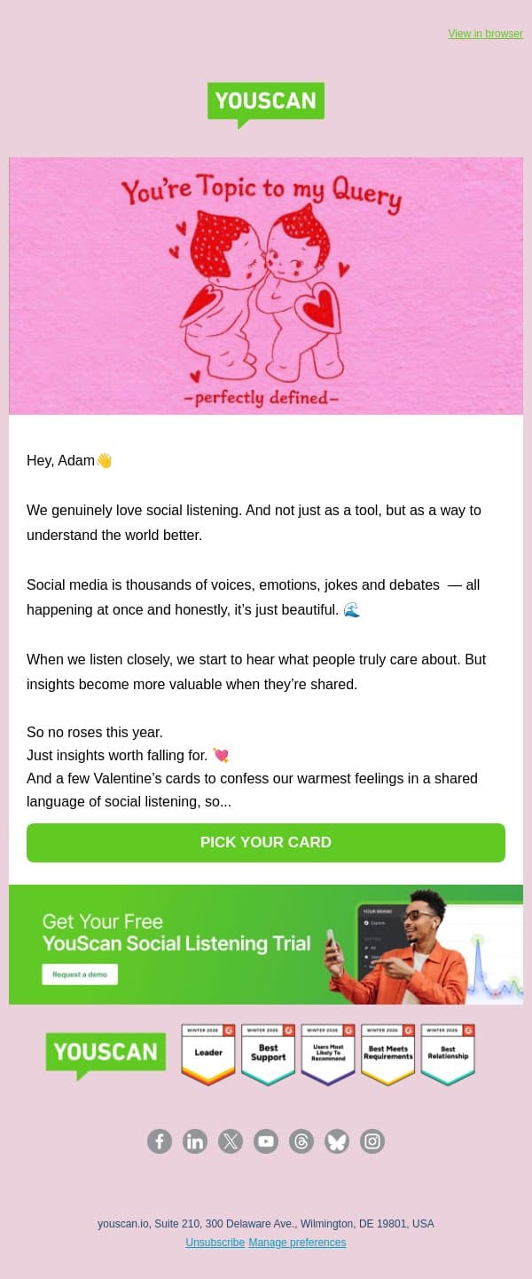 Skip the Roses. Let's read the Signals. 💘 email from YouScan screenshot