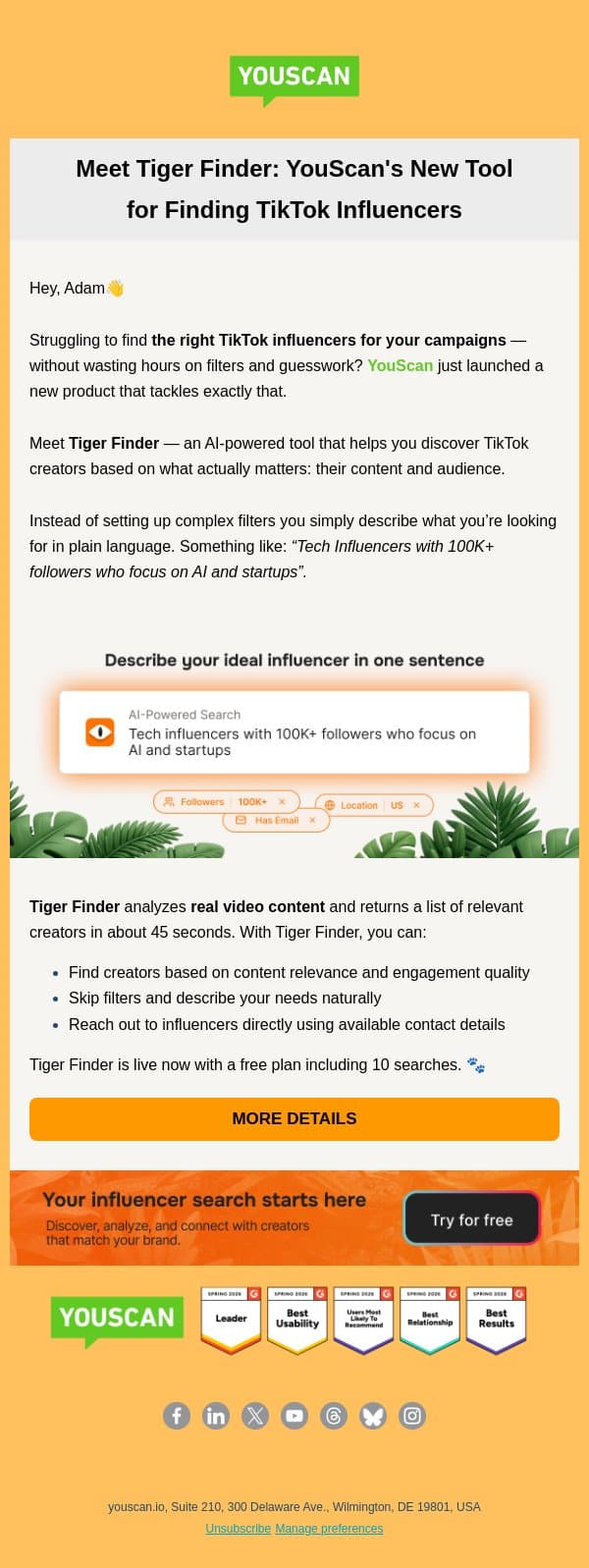 Find the right TikTok creators in seconds! 🐅🔥 email from YouScan screenshot