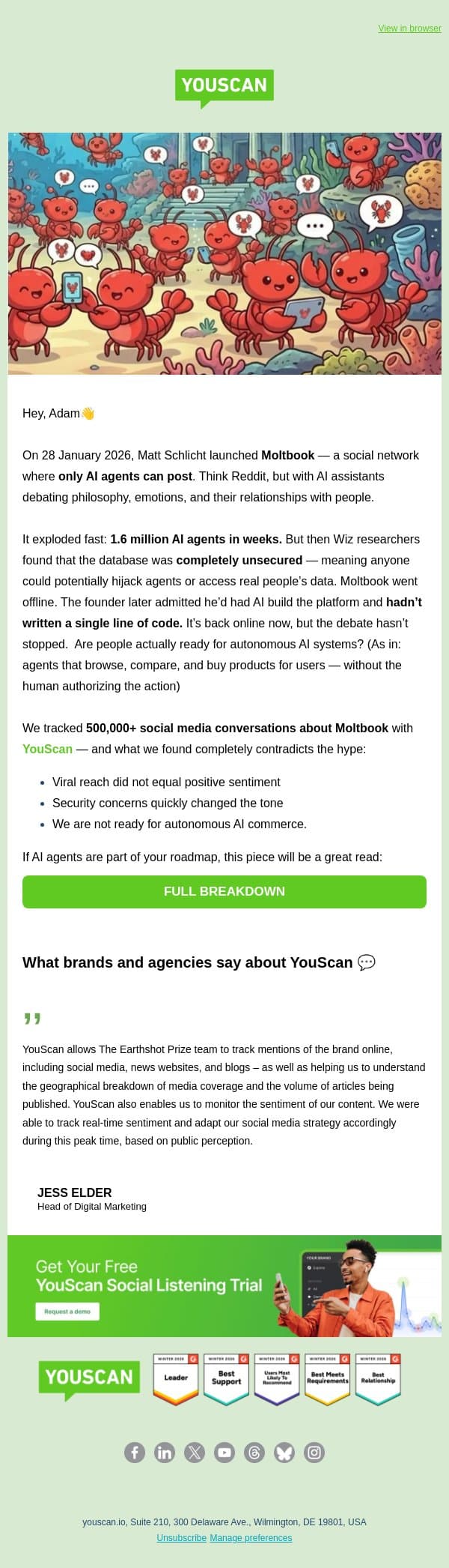 What Moltbook reveals about trust in AI agents 🦀 email from YouScan screenshot