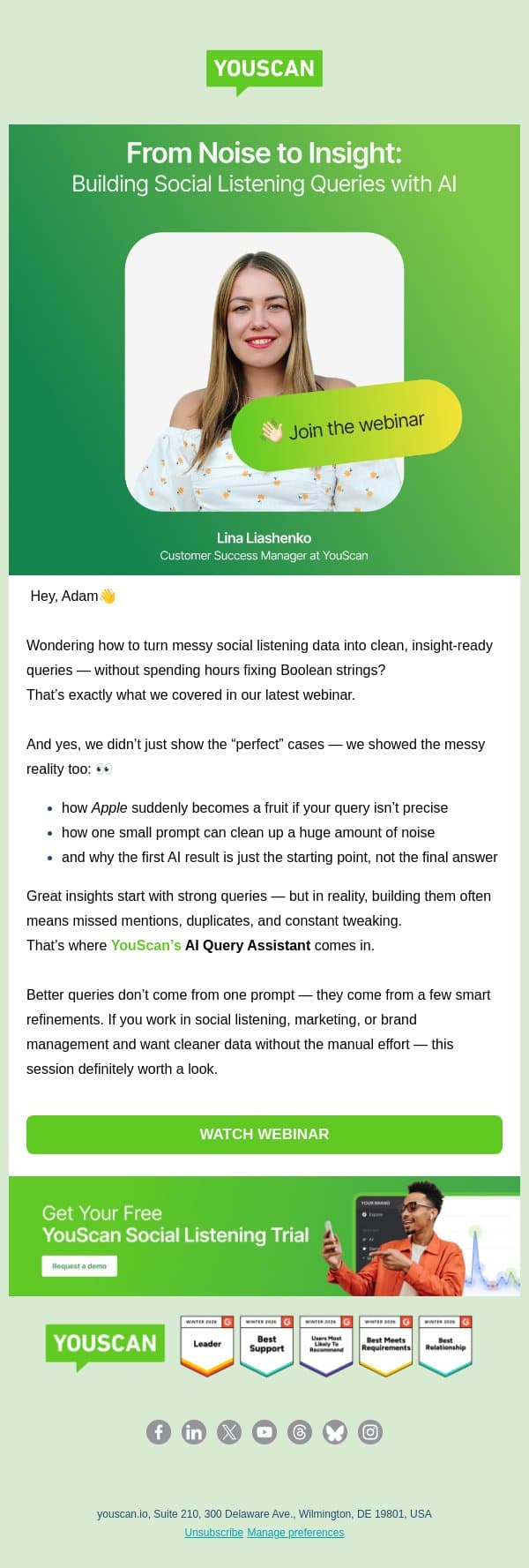 Build Smarter Queries: see AI Query Assistant in action ✅ email from YouScan screenshot
