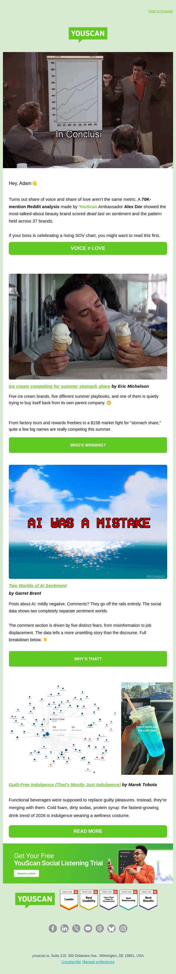 Dead-last sentiment and a $15B ice cream fight 🍦⚡ email from YouScan screenshot
