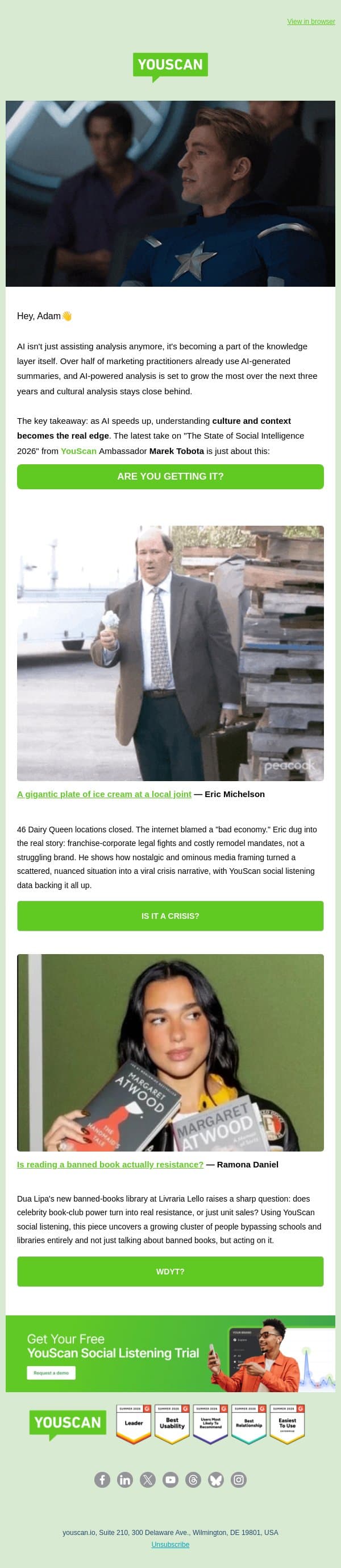 Ambassadors on Dairy Queen, context value and banned books🍦📚 email from YouScan screenshot