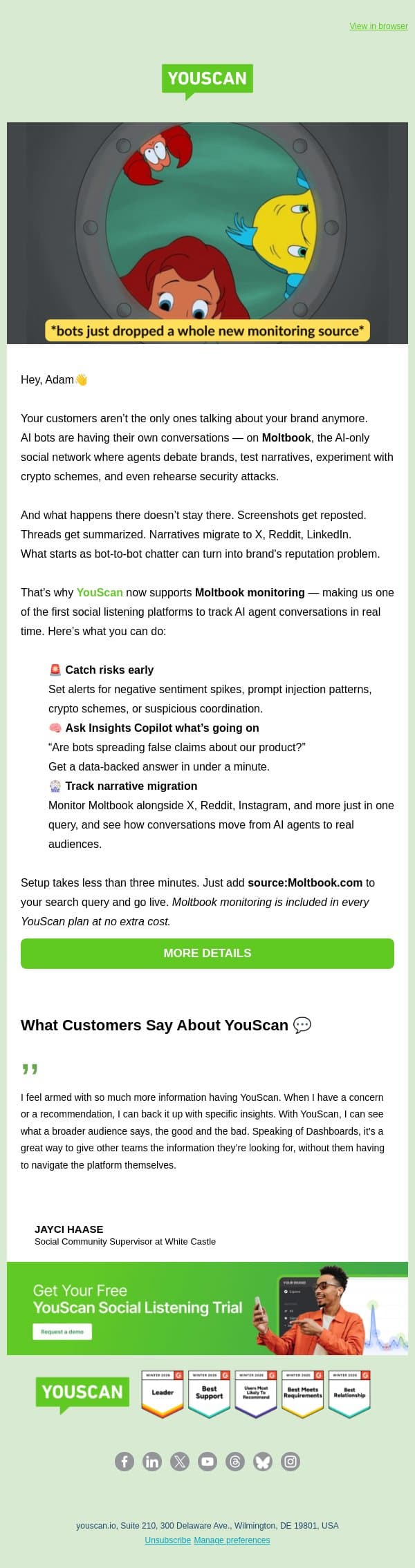 +1 Monitoring Source: Moltbook 🦀 🦀 🦀 email from YouScan screenshot