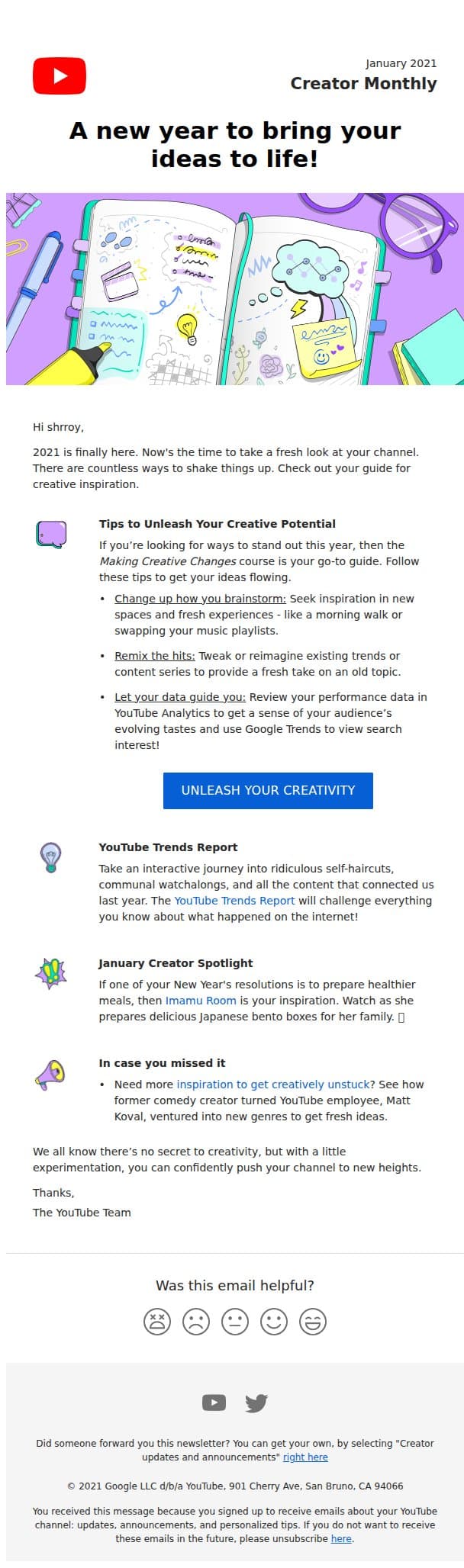 Fwd: January Newsletter: New year, new possibilities, shrroy! email from Youtube screenshot