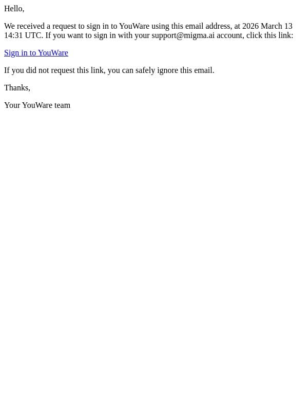 Sign in to YouWare requested at 2026 March 13 14:31 UTC email from YouWare screenshot