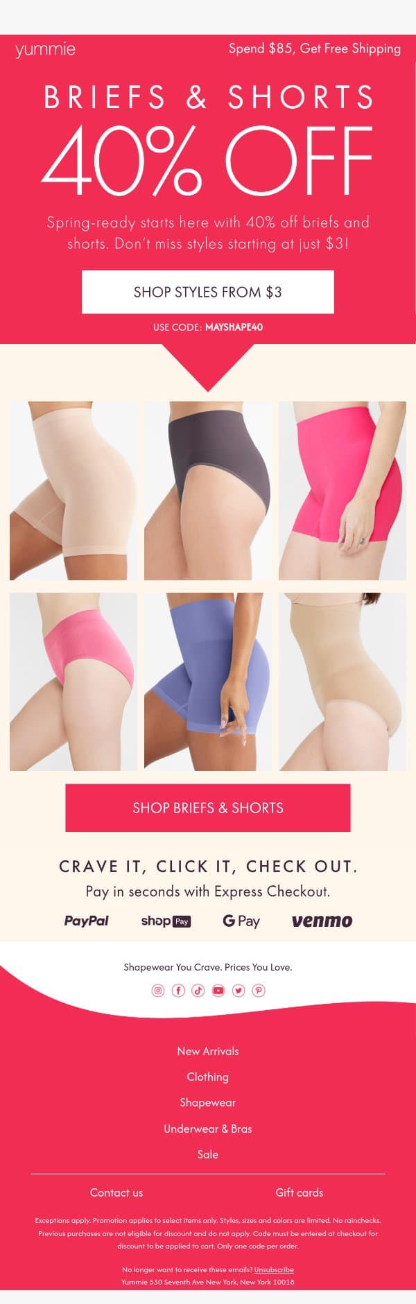 40% off briefs and shorts for a limited time email from Yummie screenshot