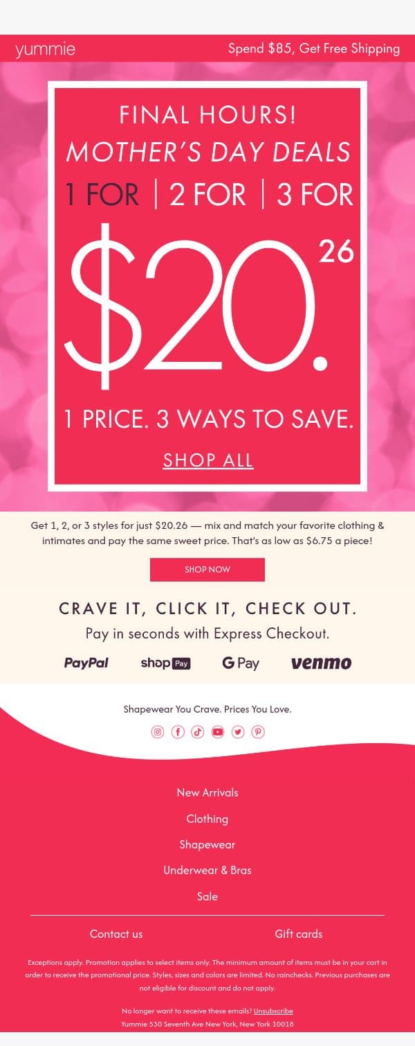 Today Only: 1, 2, or 3 styles for $20.26 email from Yummie screenshot