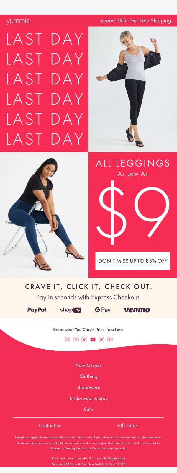 LAST DAY: Leggings from $9 email from Yummie screenshot