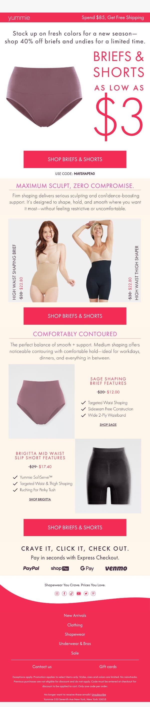 3 Days Only: 40% off briefs and shorts email from Yummie screenshot