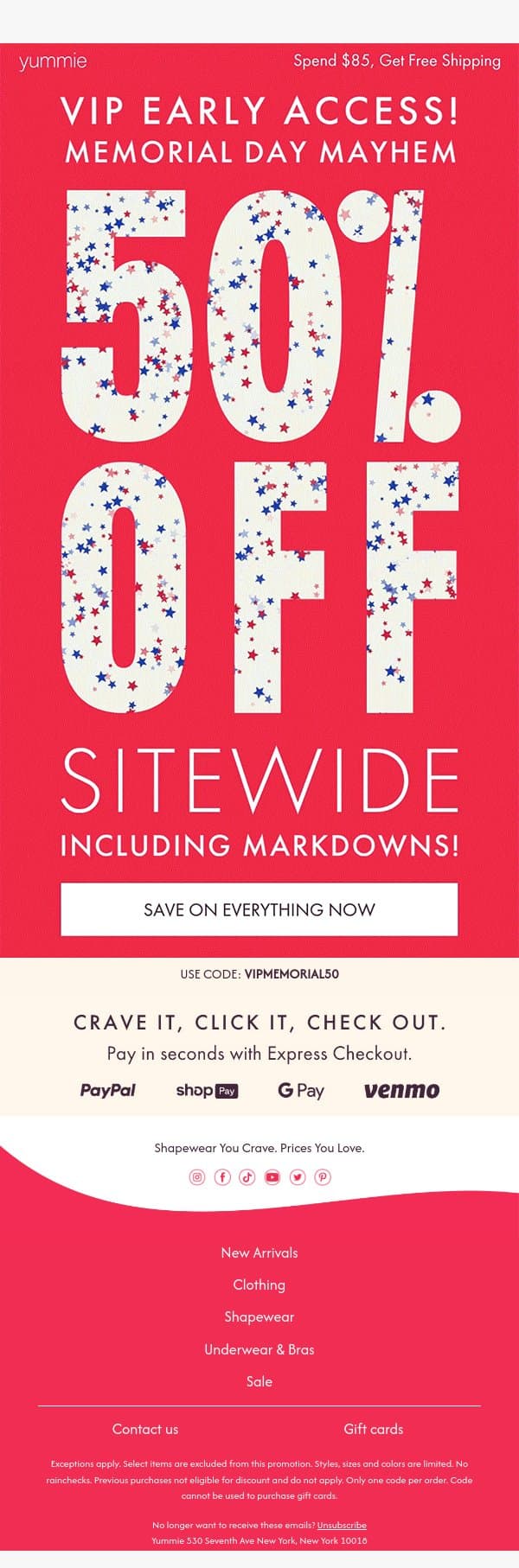 Today Only! VIP 50% Off Sitewide email from Yummie screenshot